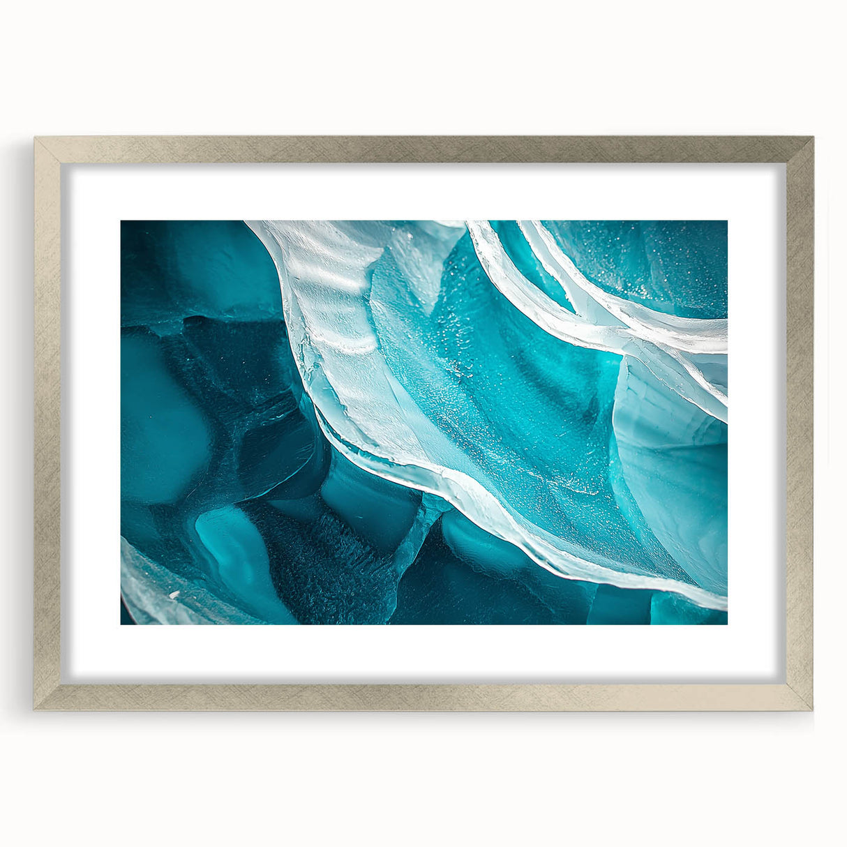 Framed landscape artwork featuring a serene cave scene, elegantly presented with a silver mat and frame, perfect for enhancing home decor aesthetics.