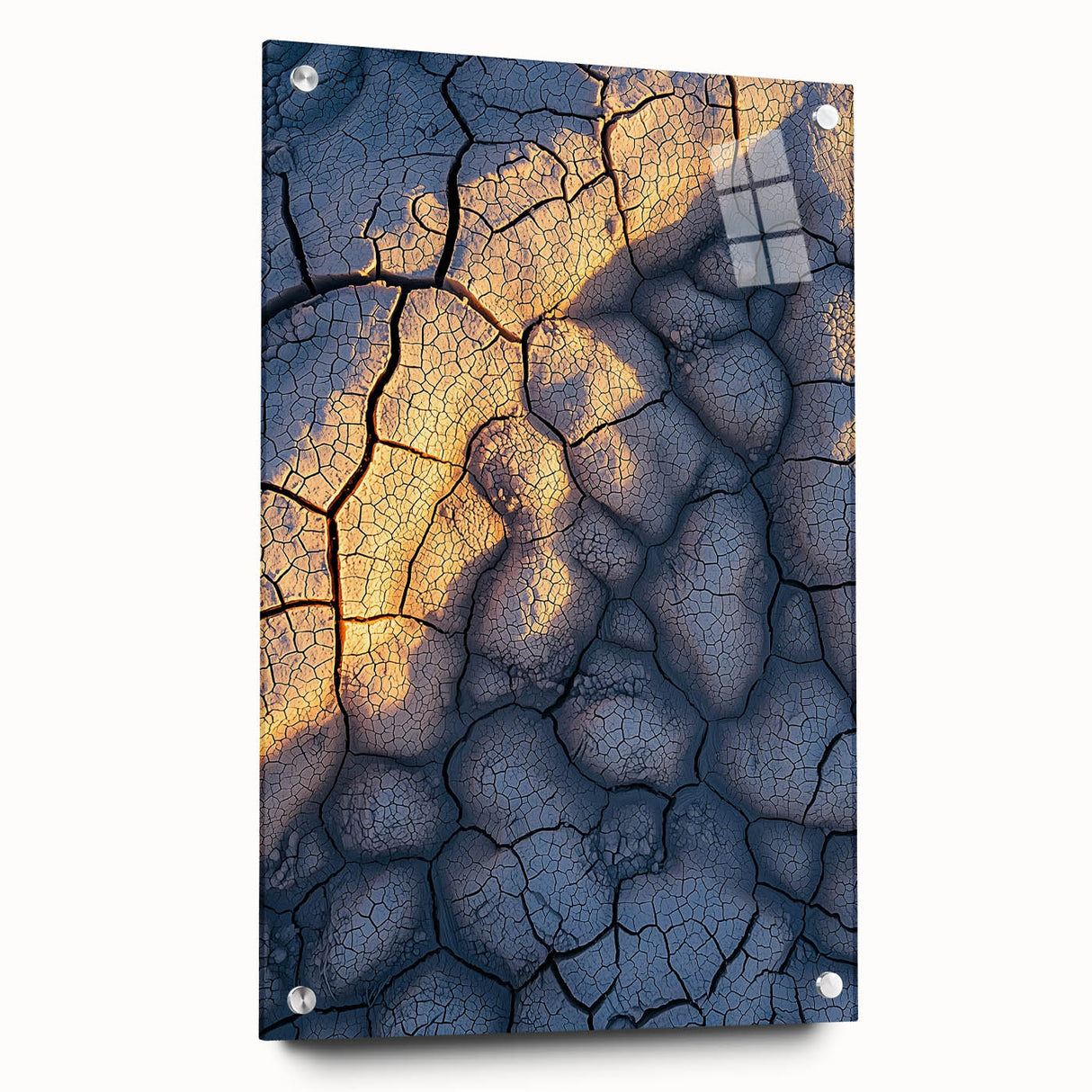 Stunning acrylic landscape artwork showcasing dramatic cliffs in vibrant colors, mounted on glass, with visible pins for secure display, ideal for modern home decor.