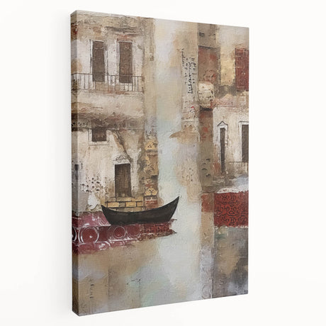 Abstract architectural wall art on a stretched canvas, showcasing geometric shapes in muted tones of gray and beige, perfect for modern decor.