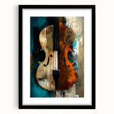 Abstract figurative wall art framed in black with a white mat, showcasing vibrant colors and dynamic shapes, perfect for modern home decor. Ideal for enhancing artistic ambiance.