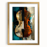 Abstract figurative wall art framed with a gold mat, showcasing vibrant colors and dynamic shapes, ideal for modern home decor. Perfect for adding a stylish touch to living spaces.