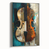 Framed abstract figurative wall art on canvas featuring a silver frame, showcasing vibrant colors and dynamic shapes, perfect for modern home decor.