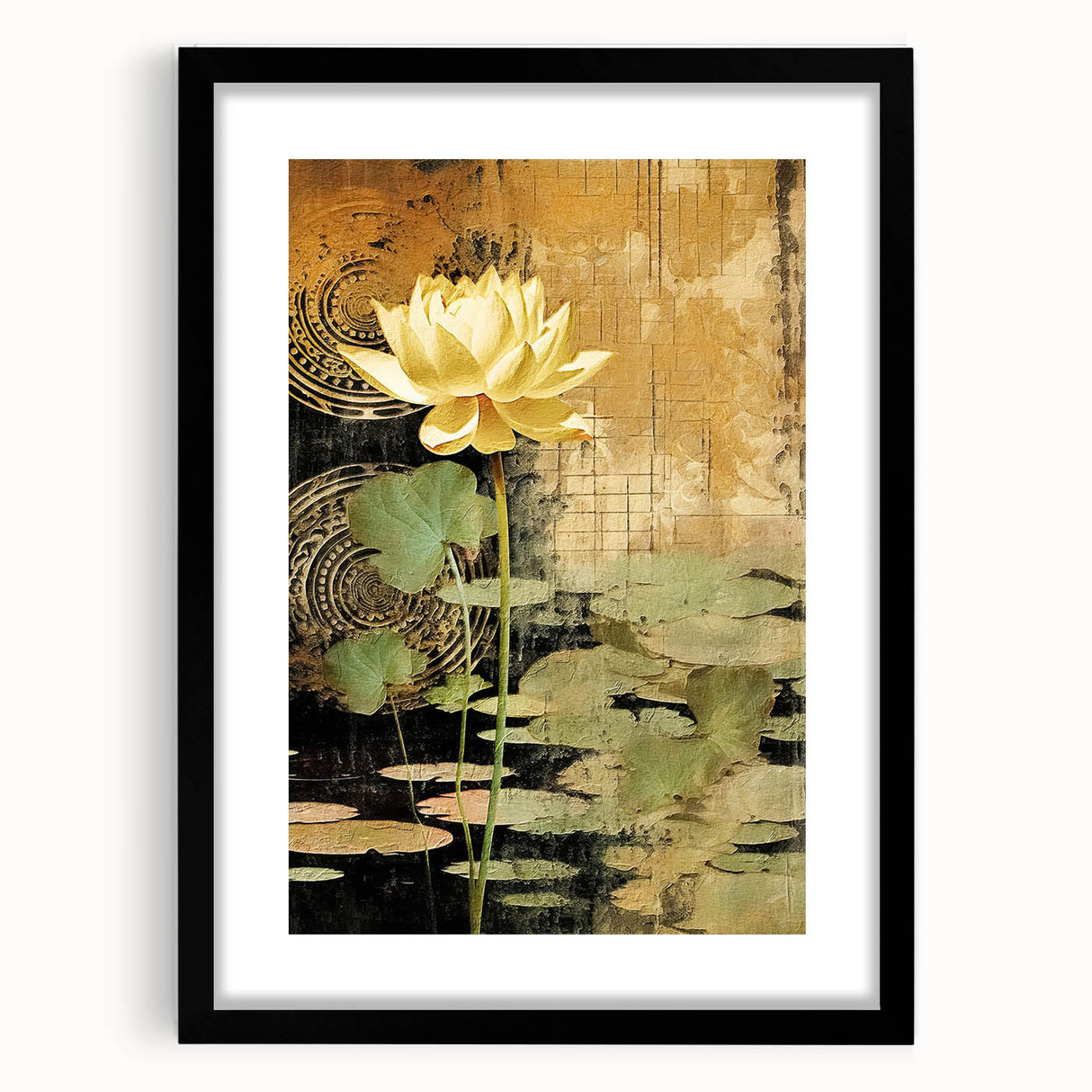 Abstract floral wall art framed in black with a white mat, showcasing vibrant colors and intricate designs, ideal for modern home decor and artistic displays.