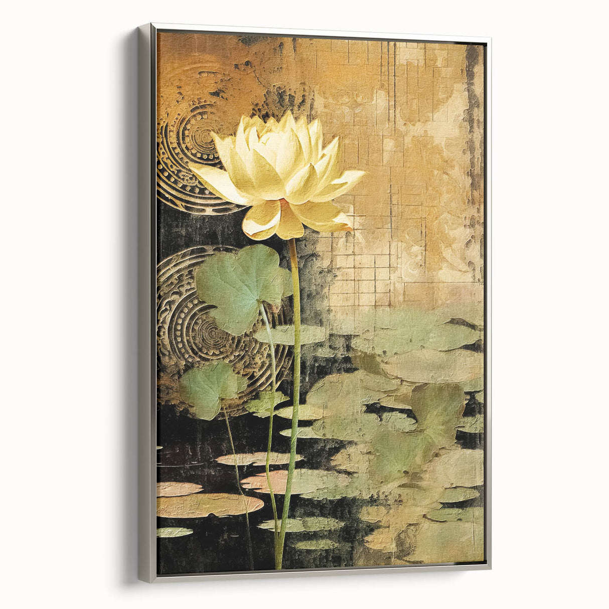 Framed abstract floral wall art on canvas with a silver frame, showcasing vibrant colors and intricate designs, perfect for modern home decor.