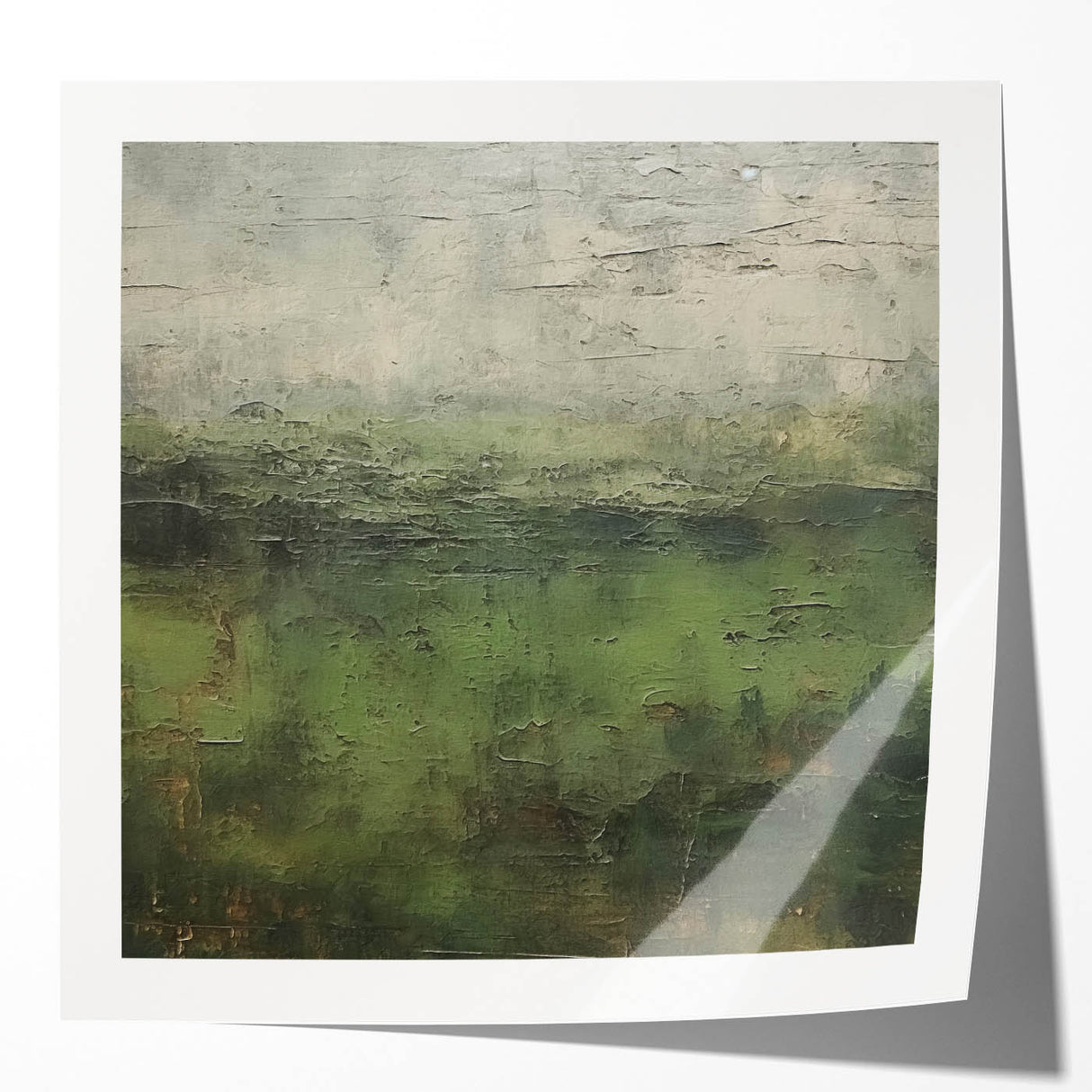 Abstract landscape wall art featuring vibrant colors and fluid shapes, displayed in a glossy finish, ideal for modern home decor or office settings.