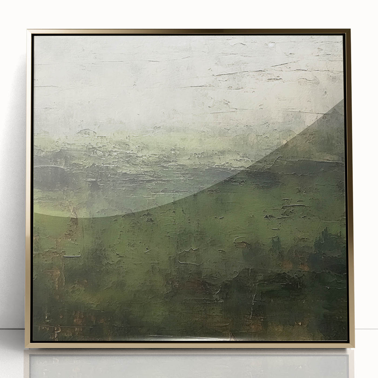 Framed acrylic wall art showcasing an abstract landscape with gold accents, designed to elevate modern decor. Perfect for living rooms and contemporary spaces.