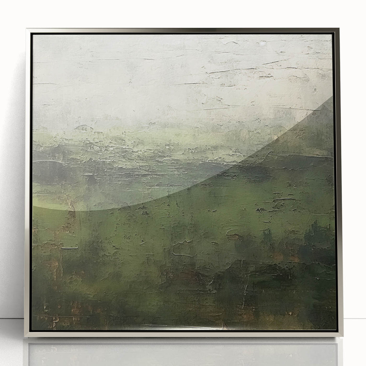 Framed abstract landscape wall art in silver acrylic, showcasing vibrant colors and dynamic shapes, perfect for modern home decor or office spaces.