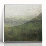 Framed acrylic wall art showcasing a vibrant abstract landscape with hues of blue and green, set against a sleek white frame, perfect for modern home decor.