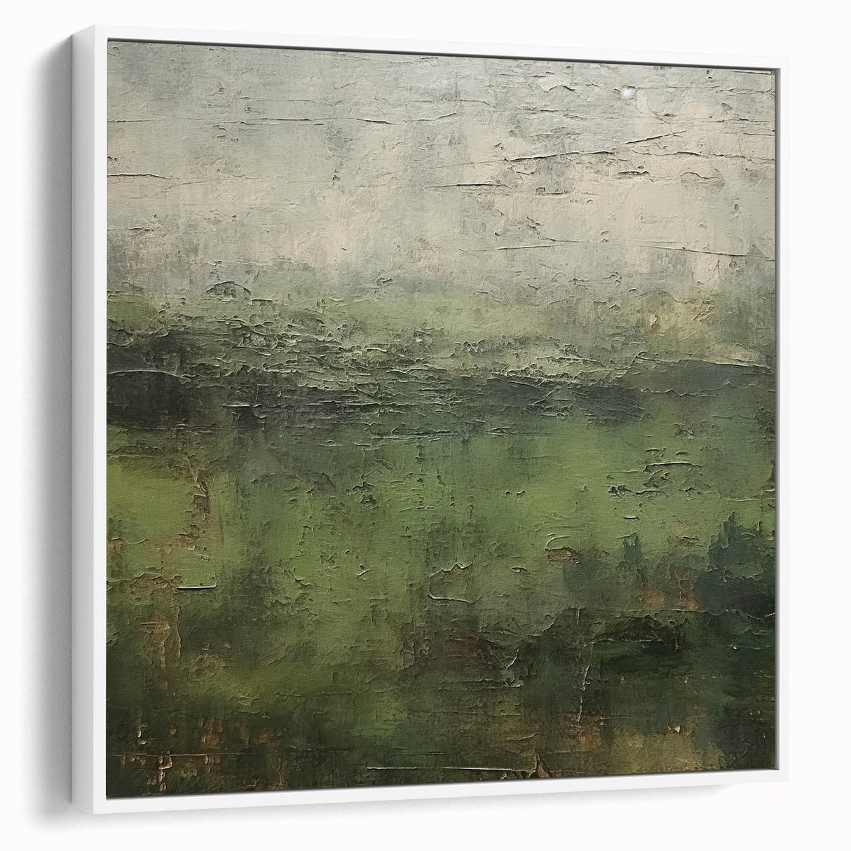 Framed abstract landscape wall art on canvas with a sleek white frame, showcasing vibrant colors and dynamic shapes, perfect for modern home decor.