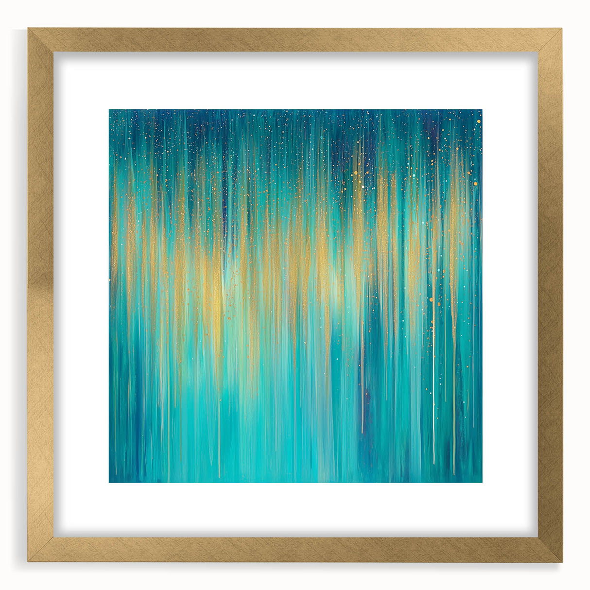 Modern Abstract Wall Art – Golden Rainfall in Teal Blue