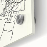 Large abstract wall art in mid-century modernist style, featuring vibrant orange and teal hues on acrylic glass.