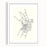 Abstract art print featuring swirling patterns in soft blue and white tones on a framed white mat.