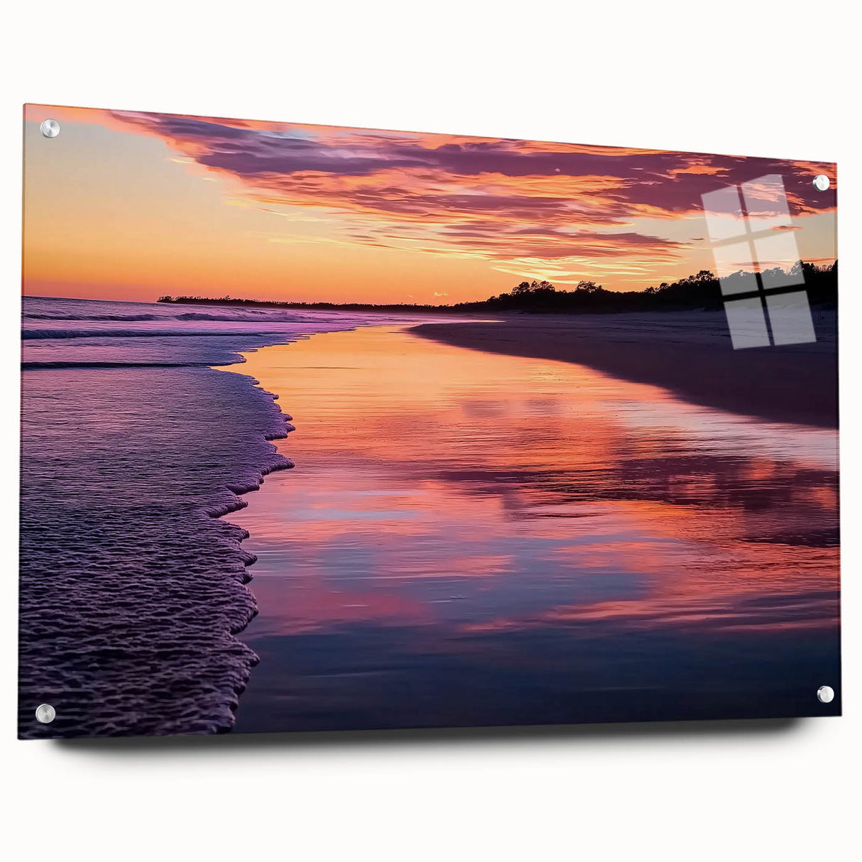 Acrylic glass artwork depicting a vibrant beach landscape, showcasing vivid colors and intricate details, highlighted by decorative pins for mounting. Perfect for coastal-themed decor.