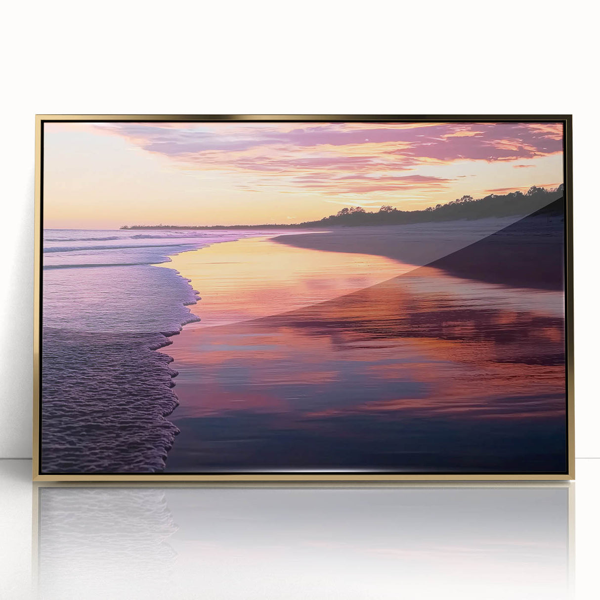 Framed acrylic artwork showcasing a serene beach landscape with vibrant colors and gold accents, perfect for enhancing modern home decor. This piece adds a touch of elegance to any living space.