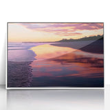 Framed acrylic artwork depicting a serene beach landscape, featuring vibrant colors and detailed textures, set in a sleek white frame to enhance decor.