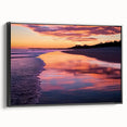 Framed canvas artwork showcasing a serene beach landscape with vibrant colors, presented in a sleek black frame, ideal for home decor and coastal-themed interiors.