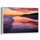Framed canvas artwork showcasing a serene beach landscape with vibrant colors, displayed in a sleek white frame, suitable for home decor or office ambiance. Perfect for beach lovers seeking to enhance their living space with a calming coastal vibe.