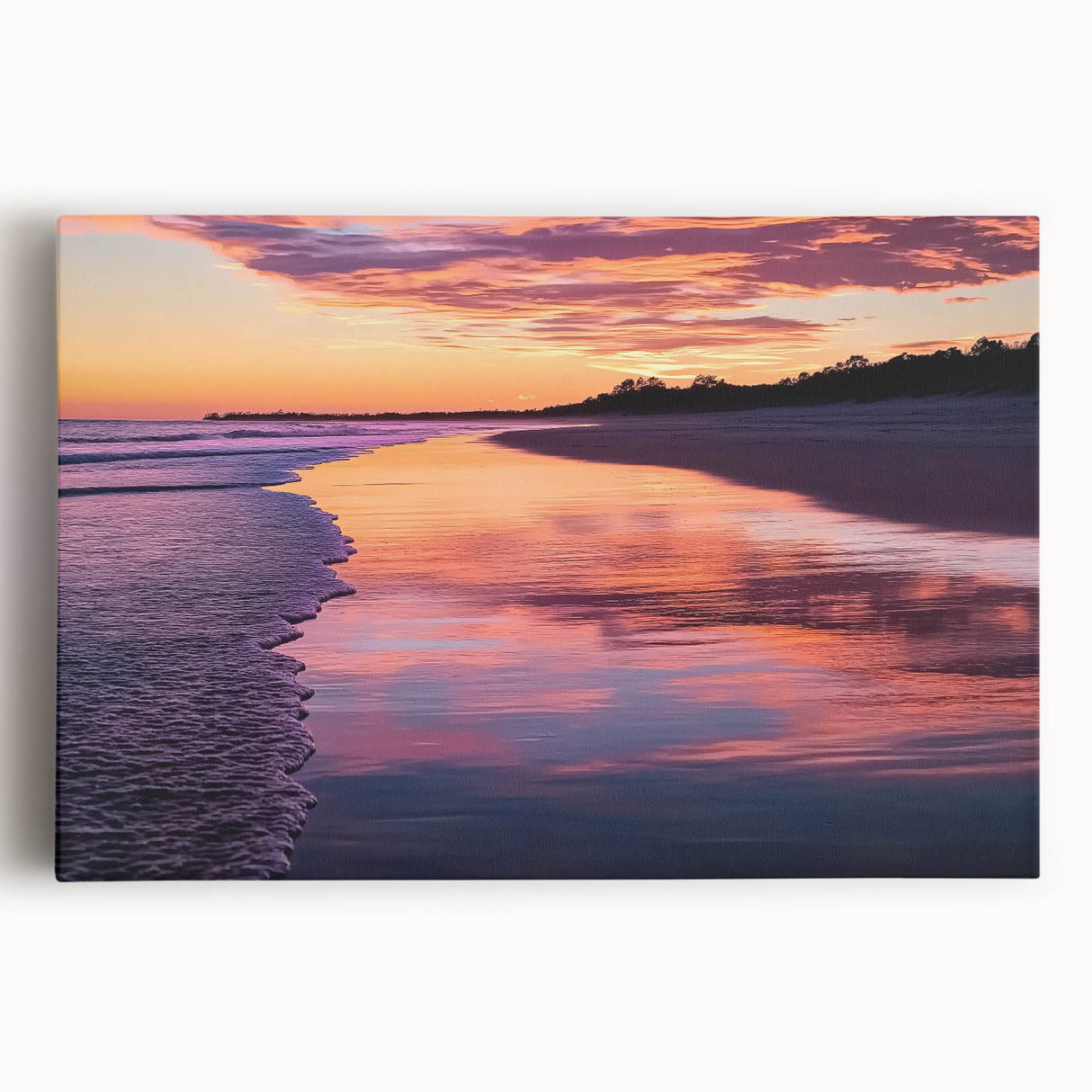 Stretched canvas art depicting a serene beach landscape with vibrant blue skies and gentle waves, perfect for enhancing coastal home decor or beach-themed interiors.