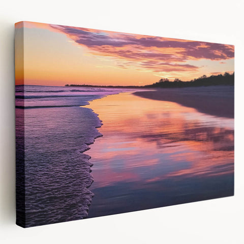 Stretched canvas artwork showcasing a vibrant beach landscape with vivid colors, displayed in a side view to highlight its depth and texture, perfect for coastal decor.