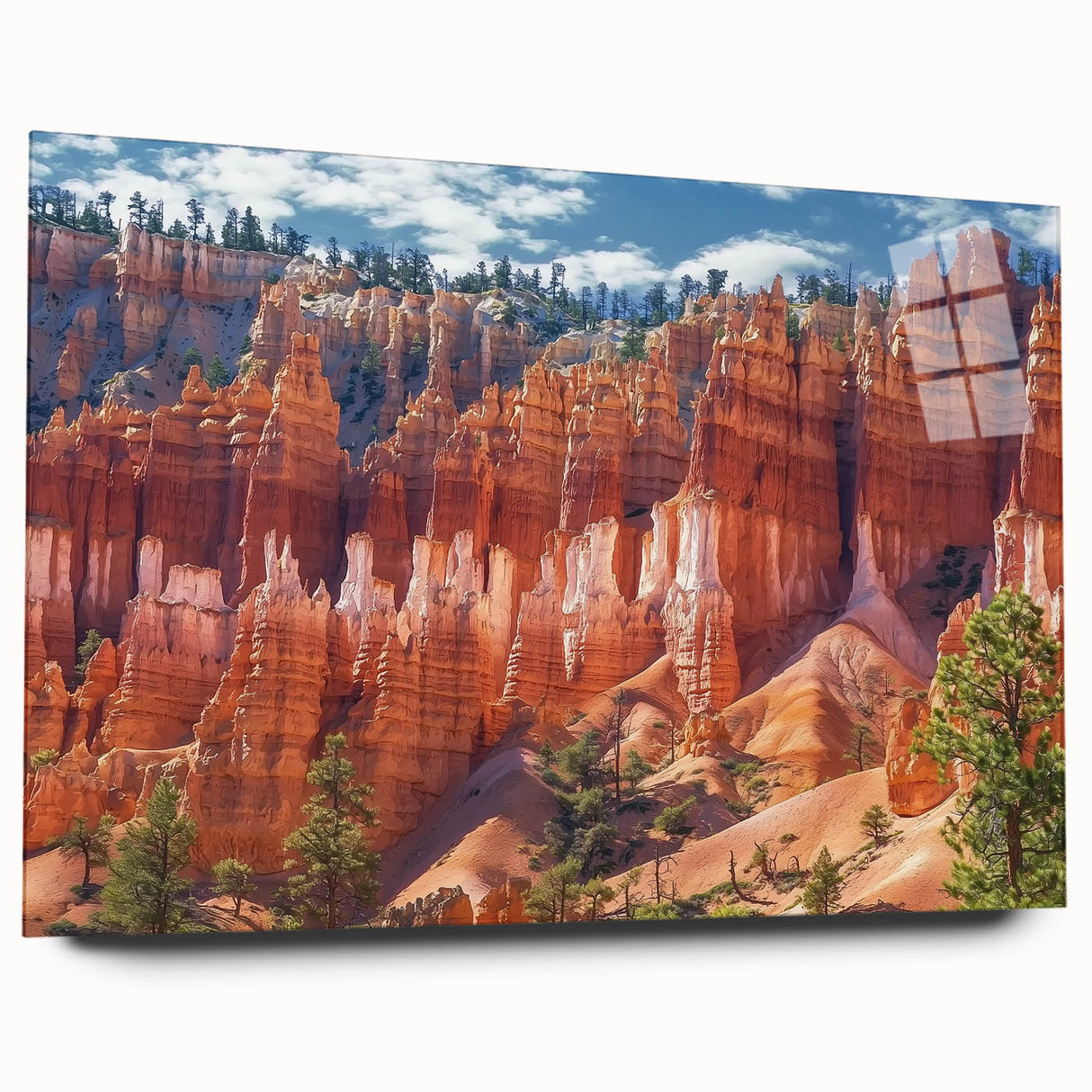 Acrylic glass artwork displaying a stunning landscape of canyons, showcasing vibrant colors and intricate details, perfect for modern home decor.