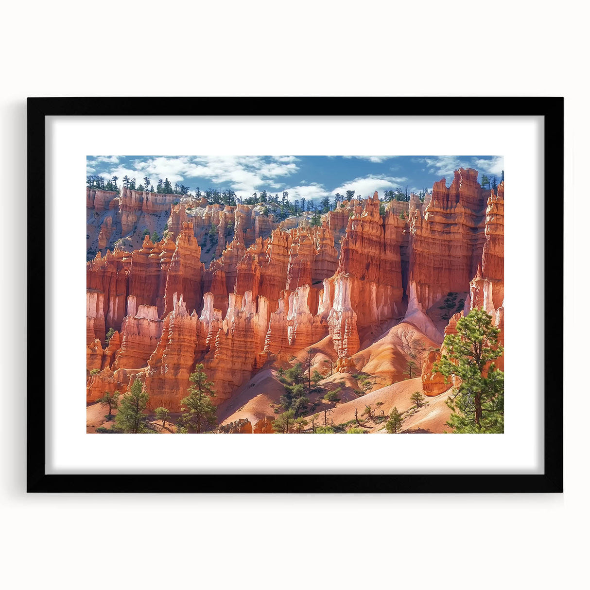 Landscape artwork of canyons in a black frame with a mat, showcasing vibrant colors and intricate details, perfect for home decor enhancement.