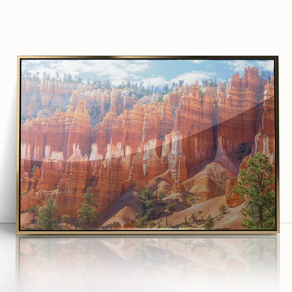 Framed acrylic artwork depicting a stunning landscape of canyons in rich gold tones, perfect for modern home decor. Ideal for adding elegance to living spaces.