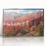 Framed acrylic artwork depicting a stunning landscape of canyons, showcasing vibrant colors and intricate details, perfect for home or office decor.