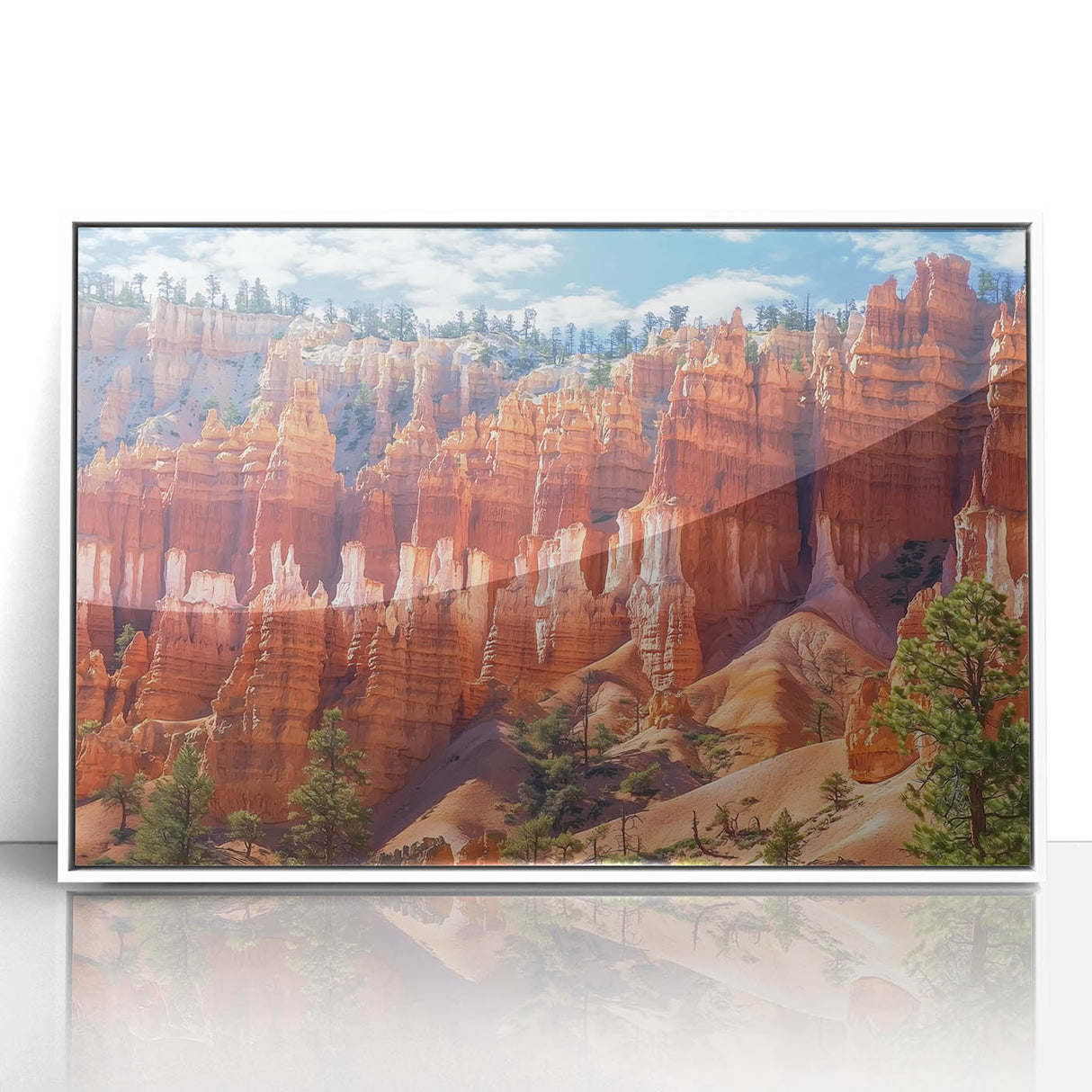Framed acrylic artwork showcasing a vibrant landscape of canyons, featuring rich earth tones and dramatic rock formations, perfect for home decor or office ambiance.