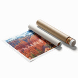 Landscape canyon rolled print showcasing vibrant earthy tones with detailed rock formations, packaged securely in a sturdy cardboard tube for safe delivery. Perfect for home decor enthusiasts seeking natural scenery art.