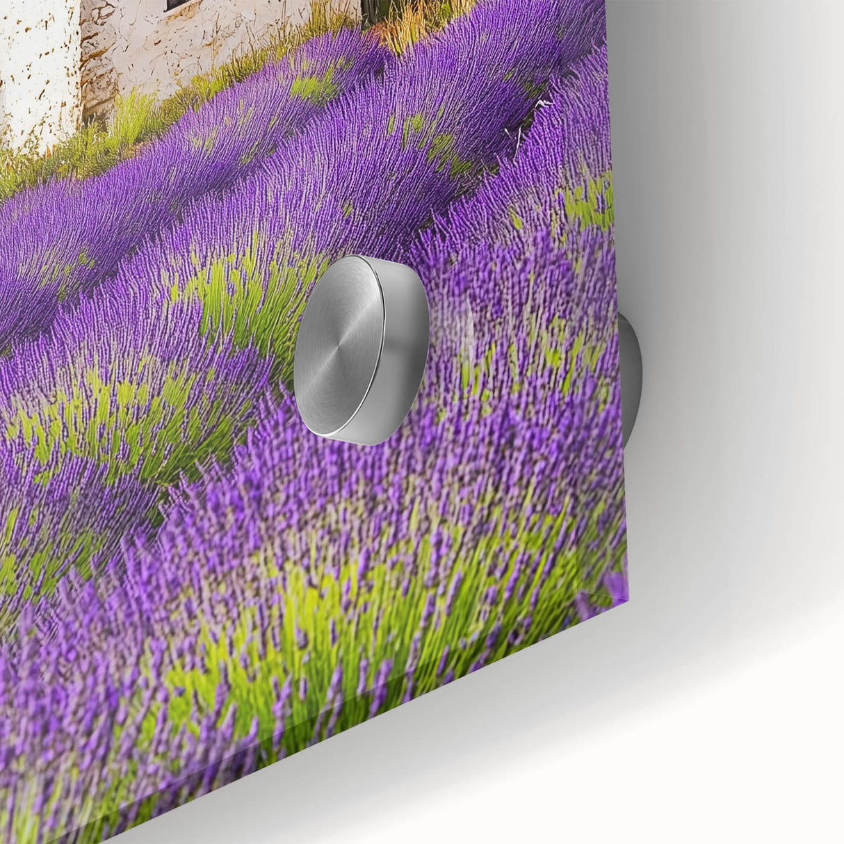Close-up of a vibrant acrylic landscape painting depicting a serene countryside scene with lush greenery and rolling hills, designed for home decor.