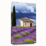 Acrylic landscape artwork of a serene countryside scene displayed in a glass frame. The piece features vibrant greens and blues, enhancing any interior decor.