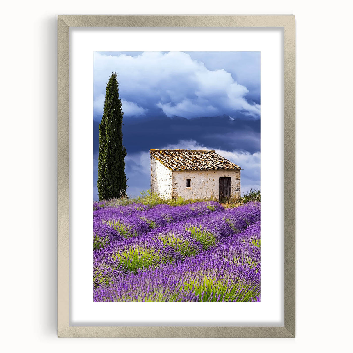 Silver-framed landscape art print showcasing a serene countryside scene, elegantly matted for a polished finish. Ideal for home decor and enhancing interior aesthetics.