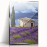 Framed acrylic artwork showcasing a serene countryside landscape in silver frame, highlighting vibrant green fields and a clear blue sky, ideal for home decor.