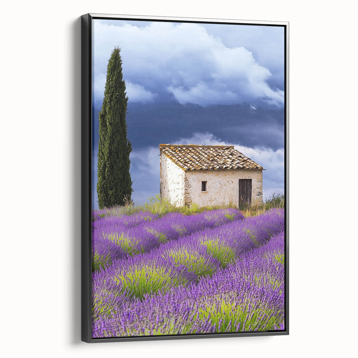 Framed canvas artwork showcasing a serene countryside landscape with vibrant greens and blues, presented in a sleek black frame, ideal for enhancing home decor.