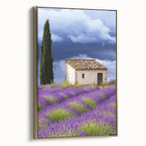 Framed canvas artwork depicting a serene countryside landscape with lush green fields and golden hues, elegantly displayed with a gold frame, perfect for home decor.