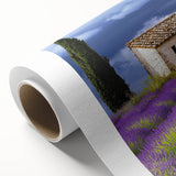 Vibrant rolled canvas artwork depicting a serene countryside landscape with rolling hills and a blue sky, presented in a protective cardboard tube for easy display.