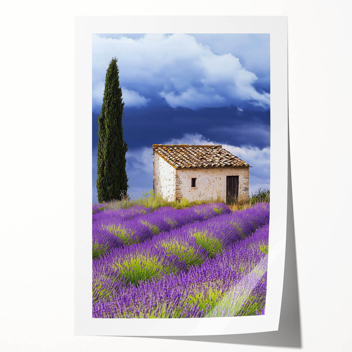 Rolling countryside landscape print showcasing vibrant greens and rolling hills, elegantly packaged in a protective cardboard tube for art enthusiasts.