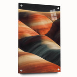 Acrylic glass artwork depicting a vibrant desert landscape with cacti and mountains, displayed from a side view and secured with decorative pins, ideal for modern home decor.