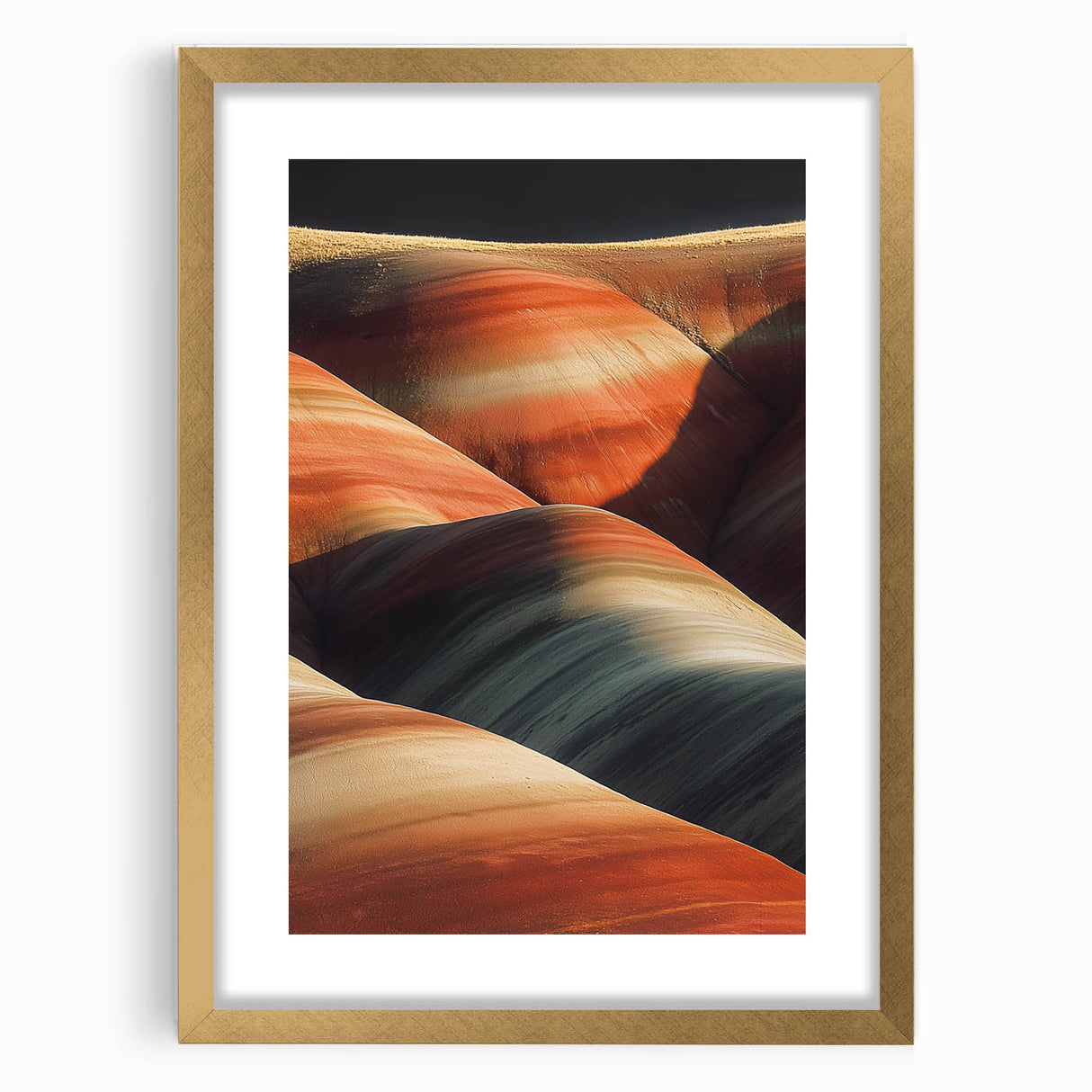 Desert landscape framed art print in a gold mat, showcasing warm hues of orange and brown, perfect for enhancing modern home décor and creating a serene atmosphere.