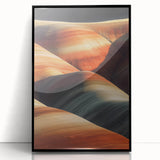 Framed acrylic artwork showcasing a stunning desert landscape in vibrant colors, featuring a black frame that enhances its sharp details and depth. Ideal for modern home decor.