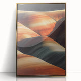 Framed acrylic artwork depicting a stunning desert landscape with gold accents, showcasing vibrant colors and intricate details, perfect for modern decor.