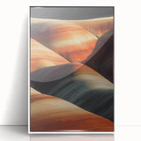 Framed acrylic artwork depicting a vibrant desert landscape with warm tones of orange and yellow, perfect for home decor or office settings. The piece adds a touch of nature's beauty to any room.