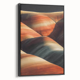 Framed canvas artwork showcasing a stunning desert landscape with vibrant colors, set against a sleek black frame, ideal for modern home decor. Perfect for adding a touch of natural beauty to any space.