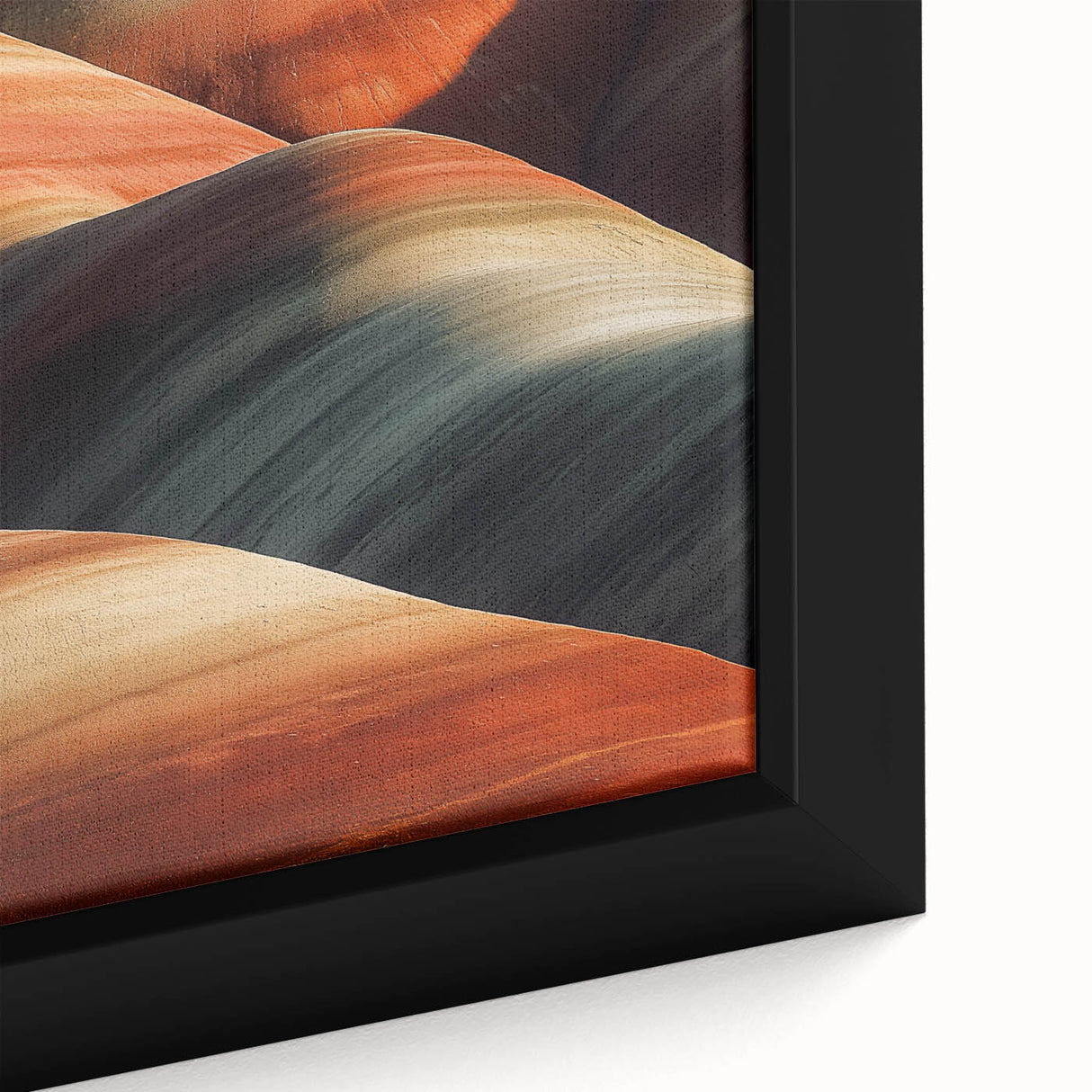 Close-up of a framed desert landscape canvas print showcasing warm earth tones, intricate details, and a textured surface, ideal for enhancing home decor.