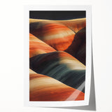 Desert landscape rolled print showcasing vibrant hues of orange and yellow, depicting sunlit dunes and a clear blue sky, ideal for home decor.