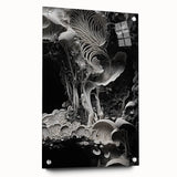 Large abstract wall art on acrylic glass featuring swirling blue and gray tones, suitable for bedroom or dining room decor.