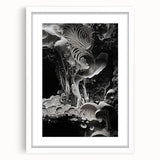 Abstract art print featuring swirling blue and white patterns on a framed canvas, suitable for dining room or bedroom decor.