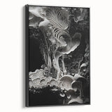 Black and white landscape art painting on framed canvas, featuring close-up natural elements.