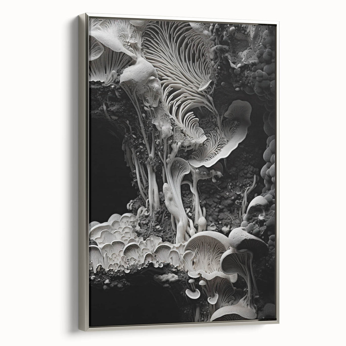 Landscape art painting on framed canvas, featuring a silver frame with detailed close-ups of nature in muted earth tones.