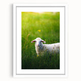 Abstract art print of spring season in soft green and pink tones on a white framed canvas.